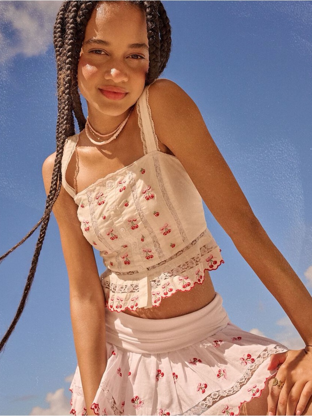 Aeropostale White Embroidered Cherries Camisole Top and mini skirt Set Size S NW